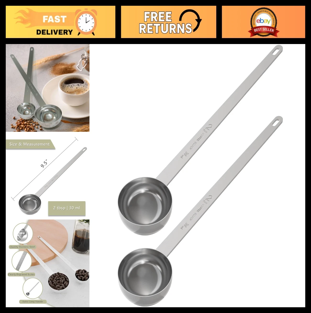 2PCS Stainless Steel Coffee Scoop - 2 Tablespoon Measuring Spoon, 9.5" Long Hand