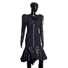 Vintage 80s Steppin' Out Black Lace Backless Prom Dress Pouf Sleeves Small