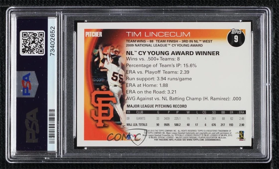 2010 Topps Award Winner Tim Lincecum #9 PSA 8 - Image 2 of 2