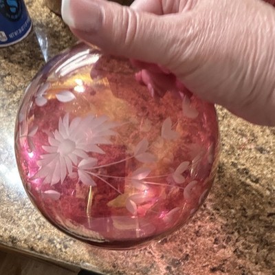 Cranberry Ruby Glass Etched to Clear Floral Rose Bowl