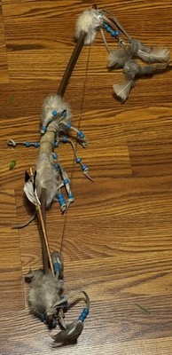 Native American Hand Crafted Bow Rabbit Fur Beaded Feathers Wall Hanging 24  