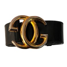 Vintage Gucci Logo Black Patent Leather Belt With Gold Tone GG Buckle Size: 100