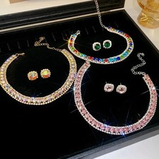 Crystal Jewelry Set Pink AB Color Geometric Bridal Wedding Necklace Earrings