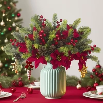 4pcs Artificial Christmas Pine Branches - Red Berries/Poinsettia Holiday Decor
