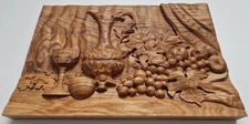 Wooden Relief – Still Life with Grapes, Wine Jug, and Goblet – Rustic Wall Art