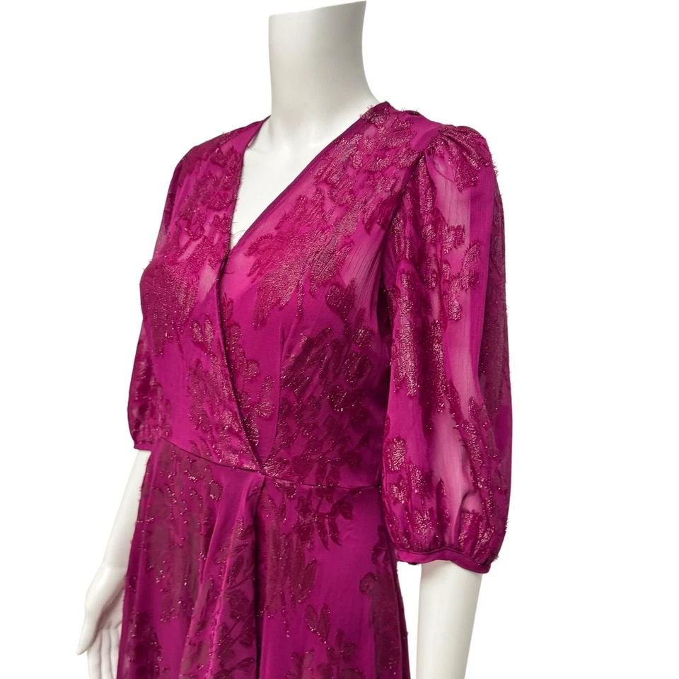 Calvin Klein women's dress purple metallic Floral Midi V neck 3/4 sleeve size 4 - Image 3 of 4