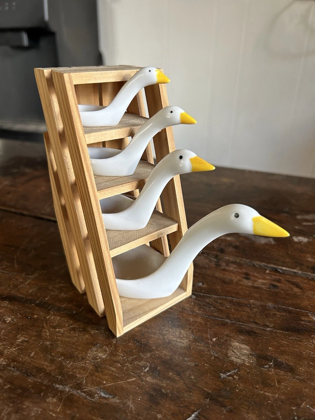 Vintage 80s Avon Goose Measuring Spoon Set Complete Wood Display Rack Farmhouse
