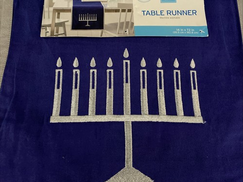Hanukkah Menorah Table Runner 14in x 72in Blue Embroidered Dining Room Decor - Picture 2 of 3