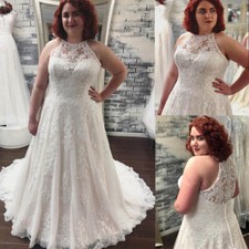 Plus Size Wedding Dresses Halter Neck Lace Applique Bridal Gowns Sweep Train