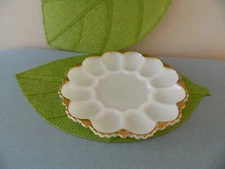 Vintage Deviled EGG PLATE Serving Plate MILK GLASS White Gold Border Round Shape