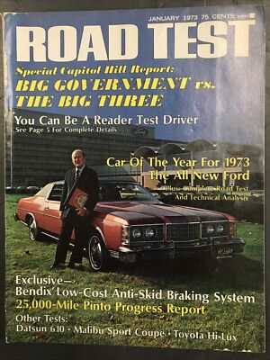 ROAD TEST MAGAZINE-JANUARY 1973-FORD LTD BROUGHAM-DATSUN 610-MALIBU SPORT COUPE