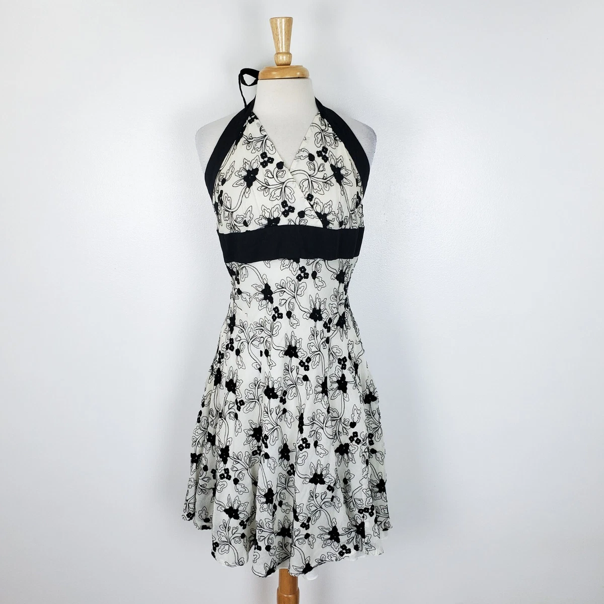 Tahari ASL Dress Womens 12 White Black Floral Silk Blend Halter