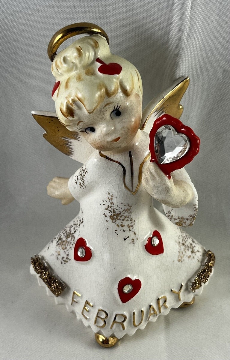 Vintage Angel Figurine February Lefton 1957 Angel w Hearts Holding