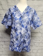 TAFFORD UNIFORMS XS BLUE WHITE TIE DYE PAISLEY MEDALLION S/S SCRUB MEDICAL TOP