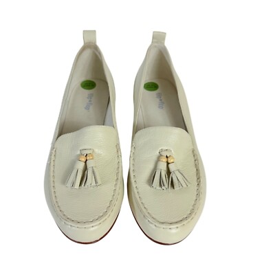 FlipFlop Cream Leather Tassel Loafers Size 8.5 Slip On Flat Stack Heel Casual