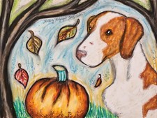 Brittany Spaniel in October Dog Art Print 4x6 Signed by Artist KSams Autumn