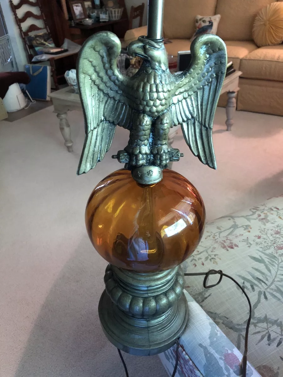 RARE Vintage Metal Eagle Amber Glass Lamp Collectible Decor NICE