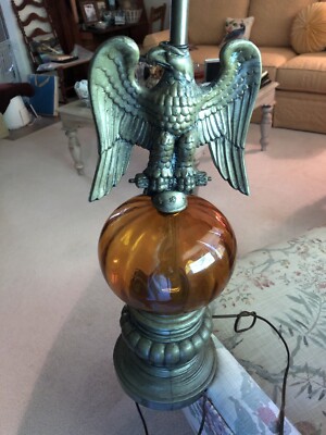 RARE Vintage Metal Eagle Amber Glass Lamp ~ Collectible Decor~ NICE