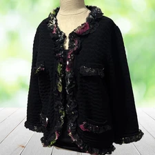 Vintage MICHAEL SIMON Cardigan Sweater Womens Large Embellished Raw Trim Boho 90