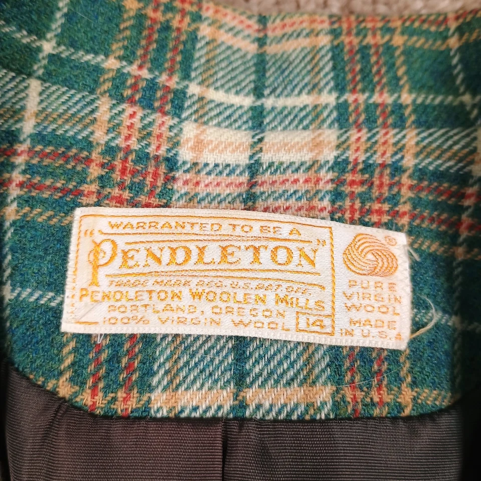Pendleton 100% Virgin Wool Blazer Green Teal  Tan Plaid Office Work Fall Size 14 - Image 2 of 4