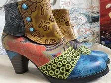 Women’s Handmade Gracosy Ankle Boots Boho, Colorful, Heels, Patch, Turquoise