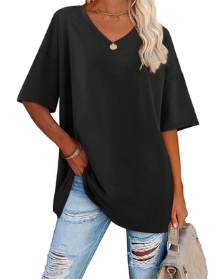 T-shirt Femme Oversize Noir Col V Manches Courtes Haut Ample Décontracté Été Con - Photo 1/4