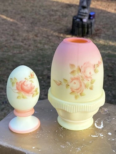 Fenton Satin Fairy Lamp And Egg Roses on Uranium Glass - Hand Painted & Signed