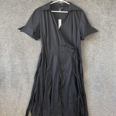 Sandro Dress Womens 16 Black Collared Wrap Shirt Midi Short Sleeve Tie Waist