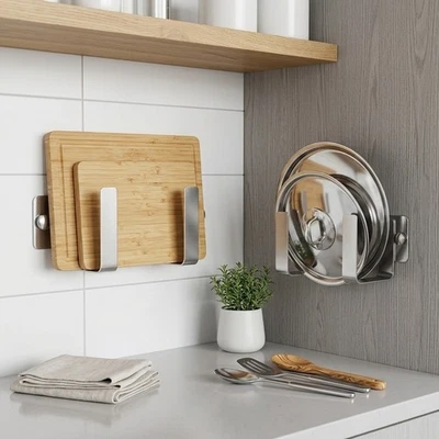 Wall Mounted 304 Stainless Steel Pot Lid Rack for Kitchen Cabinet Doors - Image 1 of 4