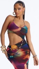 Women Sexy Mesh Halter Bodycon Dress Colorful Club Party Outfit Trendy