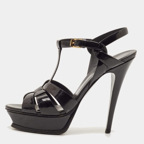 Saint Laurent Tribute Size 39.5 Black Patent Leather Platform Sandals