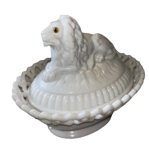 Vintage Westmoreland Milk Glass Lion Dancing Sailor w/Lace Basket Atterbury Nest