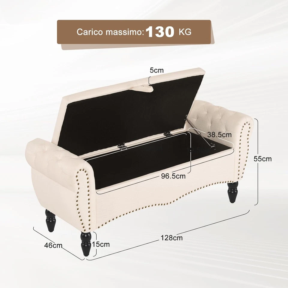 Panca Fondo Letto 130Cm, Cassapanca Contenitore Panca Portaoggetti, Pouf Organiz - Immagine 2 di 4