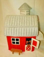 Hand Made RED BARN & SILO Plastic Canvas TISSUE BOX COVER Yarn Horse Bench Retro
