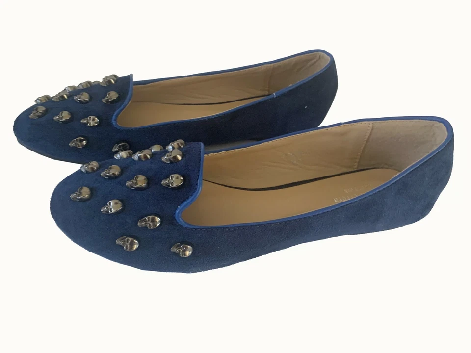 Henry Ferrera Mujer Color Cobalto Profundo Gamuza Hecho por el Hombre Zapato Plano Con Cuentas Talla 8.5 Foto 3 de 4