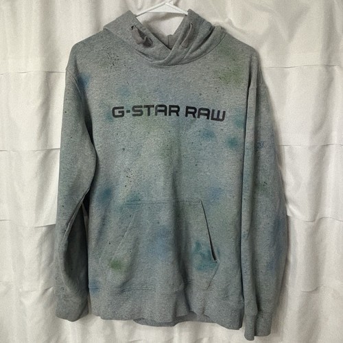 G-Star Raw Original Hoodie Gray Paint Print Pullover Logo Men’s Large - Picture 2 of 5