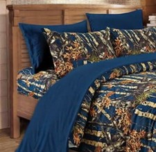 NAVY BLUE CAMO SHEET SET  FULL SIZE BEDDING 6 PC CAMOUFLAGE DARK WOODS