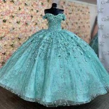 Water Blue Shining Quinceanera Sweet Dress Lace Decal 3D Flower Lace Ball Dress