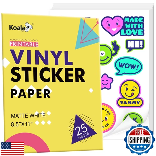 Koala Printable Vinyl Sticker Paper for Inkjet and Laser Printer – 25 Sheets 