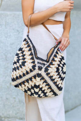 Dahlia Woven Straw Shoulder Bag with Magnetic Clasp Pocket Silver Hardware