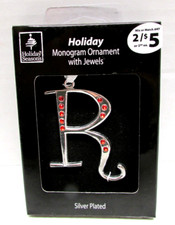Initial Letter "R" Holiday Monogram Ornament Silver Plated with Red Jewels