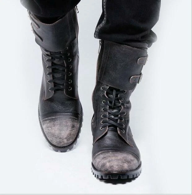 Mens Fashion PU Leather Monk Strap Lace Up Zipper Combat Biker