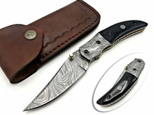 DAMASCUS STEEL CUSTOM HUNTING POCKET FOLDING KNIFE STEEL BOLSTER BULL HORN COVER