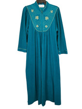 Vintage 70s Vanity Fair Teal w Gold Embroidered Yoke Kaftan Robe Size M Modest