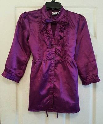 Piper & Blue S Shirt Blouse Top Purple Pleats Ruffles Button Up 3/4 Sleeve A3