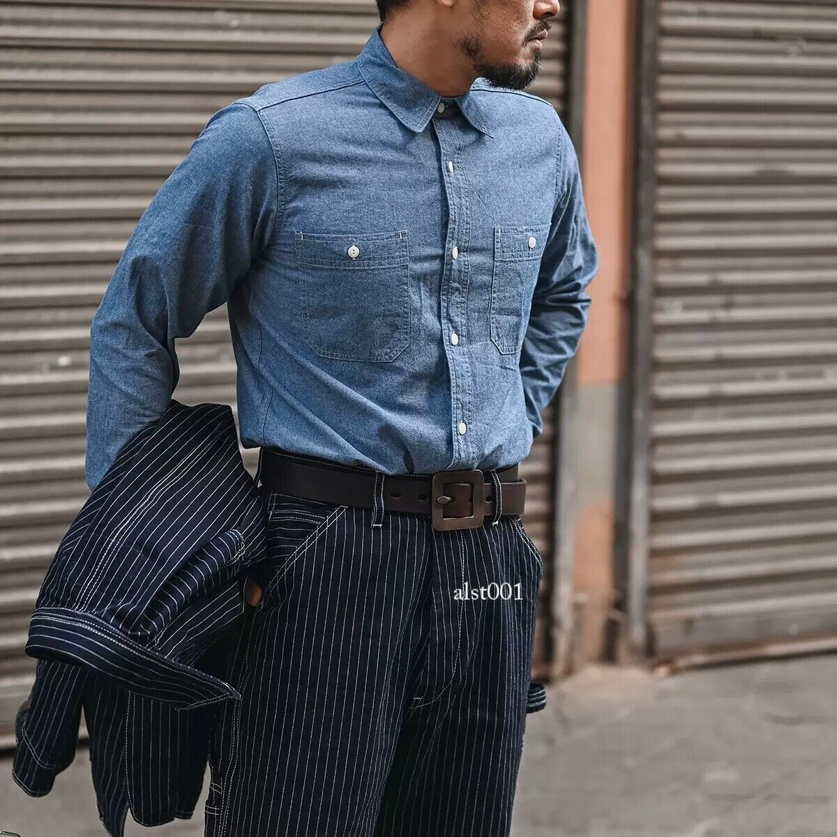 Non Stock Men's Long-Sleeve Chambray Shirt in Blue Button-Down