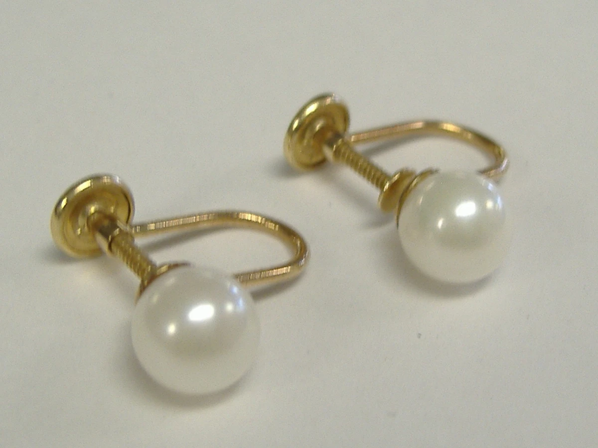 VINTAGE SOLID 14 K GOLD PEARLS SCREW NON PIERCED EARRINGS