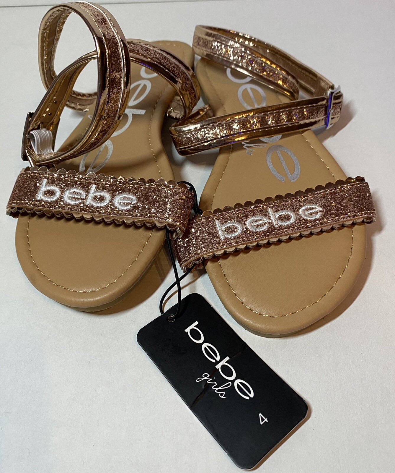 Bebe Girls Cleopatra Rose Gold Sparkle Sandals Size 4 Embroidered Logo NEW W TAG