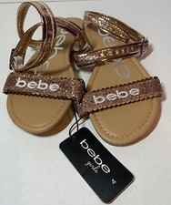 Bebe Girls Cleopatra Rose Gold Sparkle Sandals Size 4 Embroidered Logo NEW W TAG