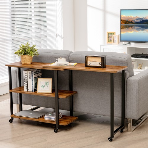 360° Rotating Bookcase Sofa Side End Table w/ Storage Shelves and Wheels Brown - Picture 4 of 8